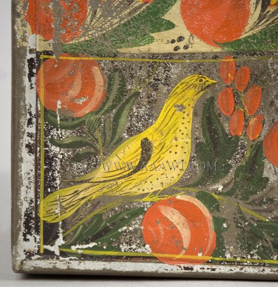 Antique Toleware Box, Painted Tin Trunk,
Paddle Tail Bird, 19th Century
Oliver Filley's Shop, Connecticut, 19th Century, bird detail